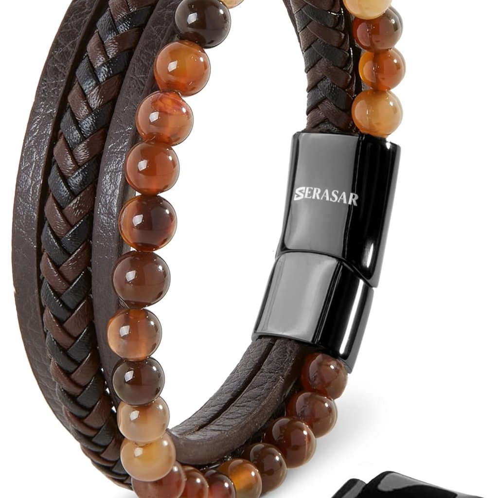 Premium Bracelet For Men In Genuine Black & Brown Leather | Magnetic Stainless S